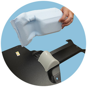 neck support and customizable cushion shown on the black rectangular Pronumbra baseplate for proton therapy